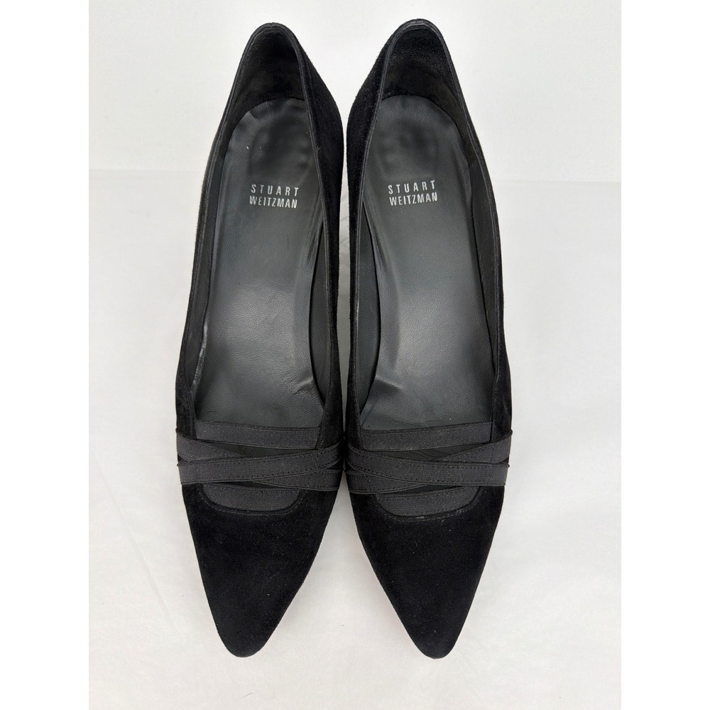 Stuart Weitzman Pumps 9 B Black Suede Pointed Toe Crisscross Block Heel Classic